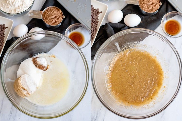 collage showing adding ingredients to a glass bowl and a second photo showing them combined.