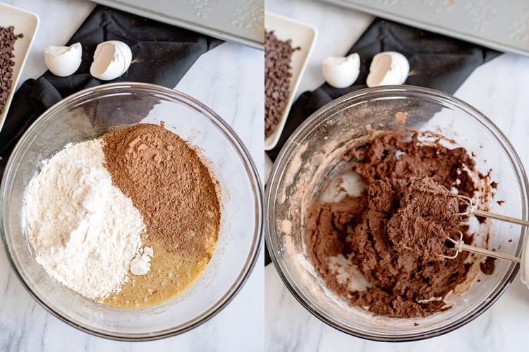 collage showing adding dry ingredients to the batter and then after it's combined